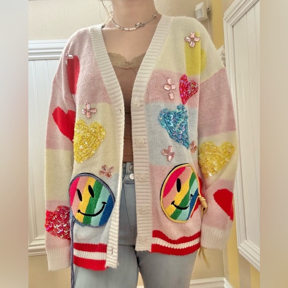 Sweaters - Colorful Smiley Face Cardigan Sweater
